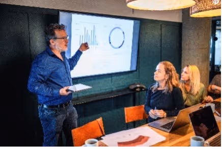 Man geeft een presentatie met grafieken op een scherm terwijl twee vrouwen aan tafel luisteren.