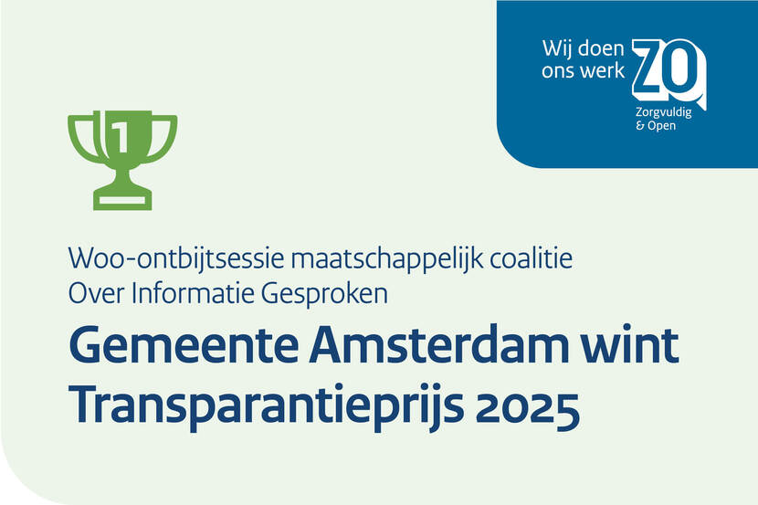 Woo-ontbijtsessie maatschappelijke coalitie Over Informatie Gesproken. Gemeente Amsterdam wint Transparantieprijs 2025.